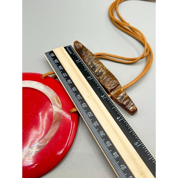 Oversized Red Statement Necklace Big Round Pendant with Mother of Pearl & Horn - Picture 9 of 11